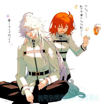 Rule 34 | 1boy, 1girl, ahoge, belt, black belt, black pants, chaldea logo, closed eyes, commentary request, cosplay, fate/grand order, fate (series), fujimaru ritsuka (female), fujimaru ritsuka (male), fujimaru ritsuka (male) (cosplay), hair ornament, hair scrunchie, highres, indian style, light blush, long hair, long sleeves, merlin (fate), open mouth, orange hair, out of frame, outstretched hand, pants, scrunchie, senmochi 02, shirt, sitting, smile, very long hair, white hair, white shirt, wing collar