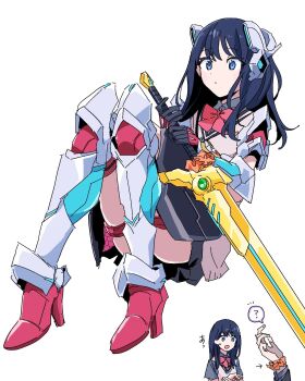 Rule 34 | 1boy, 1girl, arm guards, armored boots, arms up, black hair, black shirt, black skirt, blue eyes, blush, boots, bow, bowtie, breasts, cosplay, floating hair, gloves, gluteal fold, gridman (character), gridman (ssss), gridman (ssss) (cosplay), gridman universe, gridman universe (movie), headgear, highres, himagosan, holding, holding sword, holding weapon, long hair, mecha musume, miniskirt, open mouth, orange scrunchie, pleated skirt, red bow, red bowtie, samurai calibur, school uniform, scrunchie, shirt, short sleeves, skirt, solo, sweater vest, sword, takarada rikka, weapon, white sweater vest