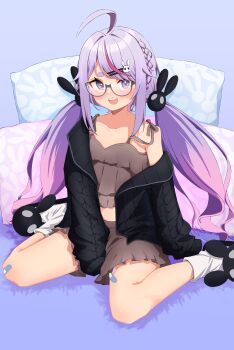 1girl absurdres ahoge animal_slippers bandaid bandaid_on_knee bandaid_on_leg between_legs black_jacket braid camisole commentary_request glasses gradient_hair grey_camisole grey_shorts hair_ornament hairclip hand_between_own_legs highres huge_ahoge jacket low_twintails meetea midriff multicolored_hair navel open_mouth pillow pink_eyes pink_hair purple_hair shorts simple_background single_bare_shoulder single_off_shoulder sitting sleeves_past_fingers sleeves_past_wrists slippers socks solo streaked_hair teeth thick_eyebrows tosaki_mimi twintails upper_teeth_only virtual_youtuber vspo! wariza white_socks
