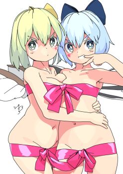 2girls blue_bow blue_eyes blue_hair blush bow breasts cirno hair_bow hug huxiao_(mistlakefront) ice ice_wings medium_breasts multiple_girls naked_ribbon navel pink_ribbon ribbon short_hair star_(symbol) touhou v wings