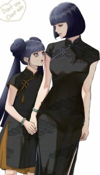 2girls black_dress blue_eyes blue_hair boruto:_naruto_next_generations breasts china_dress chinese_clothes cowboy_shot double_bun dress eyelashes facial_mark hair_bun hyuuga_hinata ifevilwhyuhot long_hair mother_and_daughter multiple_girls naruto_(series) short_hair simple_background twintails uzumaki_himawari watermark whisker_markings white_background