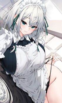 1girl absurdres apron black_dress black_panties braid breasts commentary_request dress frills green_eyes highres hira-san izayoi_sakuya large_breasts looking_at_viewer lying maid maid_apron maid_headdress medium_hair on_side panties panty_pull pantyshot side-tie_panties smile solo thighs touhou twin_braids underwear white_hair