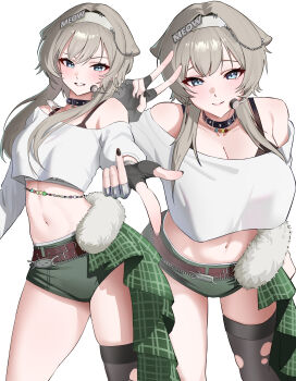 1girl absurdres black_gloves black_nails black_sports_bra black_thighhighs blue_eyes cat_necklace cat_ornament closed_mouth commentary cropped_shirt english_commentary fingerless_gloves gloves goddess_of_victory:_nikke green_shorts grey_hair hair_ears headband headset highres idol juen_(jooann1359) midriff mole mole_on_stomach nail_polish navel prika_(nikke) short_shorts shorts simple_background single_thighhigh smile solo sports_bra thighhighs torn_clothes torn_thighhighs v white_background white_headband