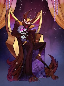 2boys absurdres black_cloak black_sclera cloak colored_sclera crown demon_boy father_and_son furry furry_male hellaverse helluva_boss highres lanveril looking_at_another multiple_boys owl_boy paimon_(helluva_boss) red_eyes sitting stolas_(helluva_boss)