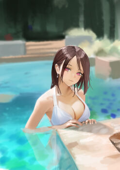 1girl absurdres armpits bikini blurry blurry_background breasts brown_hair cleavage closed_mouth collarbone dan_(user_12458614) dated_commentary day depth_of_field earrings eyelashes hair_behind_ear hands_on_floor highres in_water jewelry large_breasts light_smile looking_at_viewer medium_hair original outdoors parted_bangs pink_eyes pool poolside red_lips sidelocks solo stairs standing swimsuit wet wet_hair white_bikini