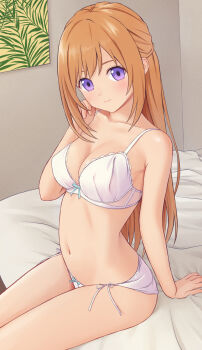 1girl arm_support bed bedroom blue_bow blush bow bow_bra bow_panties bra breasts brown_hair cleavage collarbone lace lace-trimmed_bra lace_trim long_hair looking_at_viewer medium_breasts n.g. navel on_bed original panties poster_(object) purple_eyes side-tie_panties sitting smile underwear white_bra white_panties