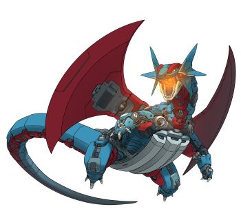 flying full_body gen_3_pokemon gifer_art glowing_mouth grey_eyes highres joints mecha mecha_focus mechanical_tail mechanical_wings mechanization nintendo no_humans non-humanoid_robot open_mouth pokemon pokemon_(creature) procreate_(medium) robot robot_dragon robot_joints salamence science_fiction simple_background solo tail turbine white_background wings