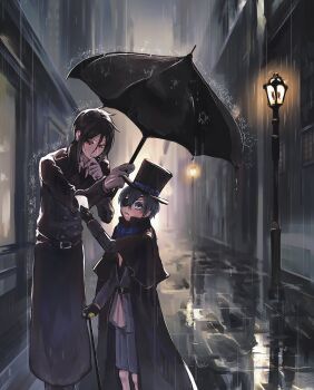 2boys belt black_belt black_cape black_coat black_gloves black_hair black_hat black_umbrella blue_eyes buttons cape caru_sbc ciel_phantomhive coat double-breasted eyepatch gloves hat height_difference highres holding holding_umbrella kuroshitsuji looking_at_another male_focus multiple_boys outdoors rain red_eyes sebastian_michaelis short_hair top_hat trench_coat umbrella