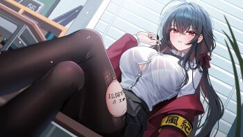 1girl absurdres ahoge armband azur_lane black_bow black_bowtie black_hair black_nails black_pantyhose black_skirt blush body_writing bow bowtie bra breasts button_gap buttons chalkboard cleavage clock collared_shirt commentary crossed_bangs crossed_legs desk dutch_angle english_commentary from_below hair_between_eyes hair_bow hand_up highres holding holding_pen jacket large_breasts long_hair long_sleeves looking_at_viewer nail_polish no_eyewear official_alternate_costume open_clothes open_jacket pantyhose parted_lips pen plant pleated_skirt red_bow red_eyes red_jacket school_desk school_uniform see-through_clothes see-through_shirt shirt shirt_tucked_in sidelocks sitting skirt solo suisen_(suisenhwa) sweat taihou_(azur_lane) taihou_(sweet_time_after_school)_(azur_lane) thighs torn_clothes torn_pantyhose translation_request underwear very_long_hair white_shirt window window_blinds yellow_armband