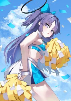 Rule 34 | 1girl, absurdres, alternate costume, bare shoulders, black halo, blue archive, blue bow, blue eyes, blush, bow, cheerleader, commentary request, crop top, detached collar, hair bow, halo, highres, holding, holding pom poms, kumakono, long hair, looking at viewer, mechanical halo, millennium cheerleader outfit (blue archive), navel, parted lips, pleated skirt, pom pom (cheerleading), pom poms, ponytail, purple eyes, purple hair, skirt, sky, solo, sports bra, star (symbol), star sticker, sticker, sticker on face, two-tone sports bra, white skirt, yuuka (blue archive)