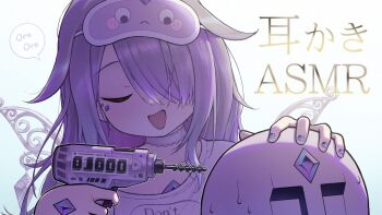 Rule 34 | 1girl, choker, closed mouth, english text, gem, hair over one eye, hand jewel, holding power drill, hololive, hololive english, jewel under eye, koseki bijou, koseki bijou (pebble pajamas), lace-trimmed choker, lace trim, long hair, mask, mask on head, metal wings, moai (koseki bijou), open mouth, purple gem, purple hair, purple nails, sanwanton, shirt, sleep mask, sweat, transparent background, virtual youtuber, white choker, white shirt