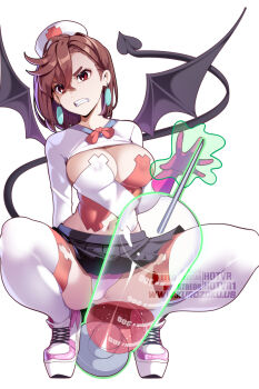 1girl ayase_momo black_skirt black_wings breasts brown_hair cleavage clenched_teeth commentary covered_erect_nipples dandadan demon_tail demon_wings english_commentary hair_between_eyes hat highres hot_vr looking_at_viewer medium_breasts nurse_cap panties pantyshot pink_panties red_eyes short_hair simple_background skirt solo subscribestar_username syringe tail teeth thighhighs underwear white_background white_hat white_thighhighs wings