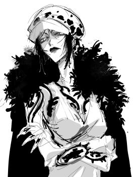 1girl absurdres aliasing animal_print arm_tattoo bare_arms black_cape black_feathers black_hair blackvelox breast_tattoo breasts cape chest_tattoo cleavage crossed_arms disgust feather-trimmed_cape feather_boa feathers female_focus finger_tattoo from_below fur_hat hand_tattoo hat highres jaggy_lines leopard_print lips looking_at_viewer medium_breasts nose nostrils one_piece plunging_neckline redesign short_hair shoulder_tattoo simple_background sketch solo tattoo trafalgar_law trafalgar_law_(female) upper_body white_background white_hat