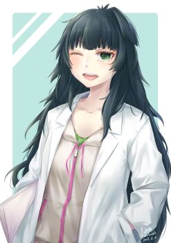 1girl ;d absurdres blush collarbone commentary_request green_eyes green_hair hand_in_pocket highres hiyajou_maho jacket lab_coat long_hair long_sleeves looking_at_viewer one_eye_closed open_clothes open_mouth science_adventure simple_background smile solo steins;gate steins;gate_0 yakku