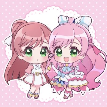 Rule 34 | 2girls, :o, ascot, blue bow, boots, bow, bowtie, braid, brooch, casual, center frills, chibi, chibi only, collared dress, commentary, crown braid, cure prism, doily, dress, dress bow, dual persona, earrings, elbow gloves, frills, glove bow, gloves, green eyes, hair bow, hair bun, hair ribbon, highres, hirogaru sky! precure, holding hands, jewelry, layered dress, long hair, long sleeves, looking at viewer, magical girl, multiple girls, nijigaoka mashiro, open mouth, pink background, pink dress, pink hair, polka dot, polka dot background, precure, ribbon, scrunchie, side braids, single hair bun, skirt hold, sleeveless, sleeveless dress, smile, standing, twitter username, two-tone dress, umiyuki (umi chu), very long hair, white ascot, white boots, white bow, white bowtie, white dress, white gloves, white ribbon, wing brooch, wrist scrunchie