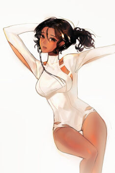 1girl absurdres arm_behind_head arm_cutout arms_up athletic_leotard black_hair breasts brown_eyes clothing_cutout dark-skinned_female dark_skin facial_mark feet_out_of_frame forehead_mark highres kaalaa_baunaa large_breasts leotard long_sleeves official_alternate_costume parted_lips ponytail ppabekkyu reverse:1999 solo white_background