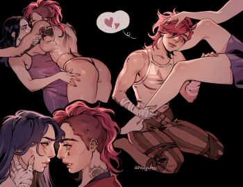 2girls ahageao49 arcane:_league_of_legends arcane_caitlyn arcane_vi arm_tattoo between_legs black_background blush brown_pants caitlyn_(league_of_legends) closed_mouth commentary dress ear_piercing english_commentary facial_tattoo hand_on_another's_foot hand_on_another's_thigh hand_on_another's_waist heart highres league_of_legends medium_hair multiple_girls neck_tattoo panties pants parted_lips piercing purple_dress purple_hair red_hair simple_background smile spoken_heart striped_clothes striped_pants tank_top tattoo underwear vi_(league_of_legends) white_panties white_tank_top wrist_wrap yuri