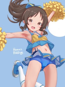1girl armpits arms_up blue_buruma blue_shirt blue_shoes blue_skirt breasts brown_eyes brown_hair buruma buruma_under_skirt cheerleader gluteal_fold idolmaster idolmaster_cinderella_girls idolmaster_cinderella_girls_u149 jumping kneehighs legs_up long_hair looking_at_viewer midriff miniskirt navel open_mouth pom_pom_(cheerleading) ponytail puddinghomhom ribbon shirt shoes skirt sleeveless sleeveless_shirt small_breasts smile socks solo tachibana_arisu thighs white_socks wind wind_lift