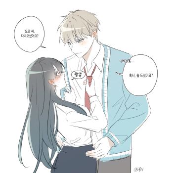 1boy 1girl black_hair blonde_hair blush breasts couple earrings gold_earrings hair_between_eyes hetero highres husband_and_wife jewelry long_hair looking_at_another paper_28 red_eyes shirt short_hair sidelocks spy_x_family twilight_(spy_x_family)