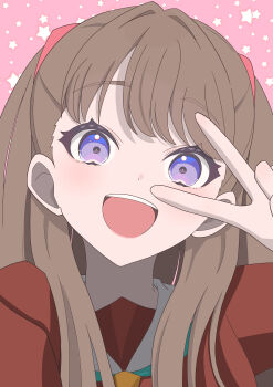 1girl :d absurdres aqua_neckerchief brown_dress brown_hair commentary_request dress fujishima_megumi hasu_no_sora_school_uniform hasutousan highres link!_like!_love_live! long_hair looking_at_viewer love_live! neckerchief open_mouth pink_background purple_eyes sailor_collar sailor_dress school_uniform smile solo star_(symbol) star_symbol_background teeth two_side_up upper_teeth_only v v_over_eye virtual_youtuber white_sailor_collar winter_uniform