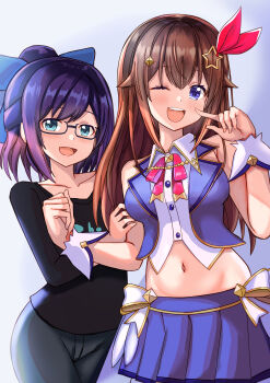 2girls :d ;d a-chan_(1st_costume)_(hololive) a-chan_(hololive) absurdres black-framed_eyewear black_pants black_shirt blue_bow blue_eyes blue_skirt blue_vest blush bow breasts brown_hair collared_shirt commentary_request cropped_shirt cropped_vest diamond_hair_ornament hair_bow hair_ornament highres hololive midriff multiple_girls navel nootomo one_eye_closed open_mouth pants pleated_skirt shirt skirt sleeveless sleeveless_shirt smile star_(symbol) star_hair_ornament stomach tokino_sora tokino_sora_(1st_costume) tongue vest virtual_youtuber white_shirt white_wrist_cuffs wrist_cuffs