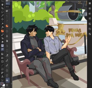 2boys areuwuu art_program_in_frame belt bench black_hair black_jacket bush collared_shirt crossed_arms crossed_legs facing_another full_body grey_shirt hand_up highres hood hood_down jacket kim_dokja multiple_boys no_eyes omniscient_reader&#039;s_viewpoint podium screencap shirt short_hair sitting sleeves_rolled_up stanchion yoo_joonghyuk