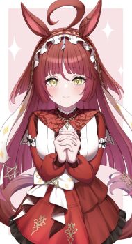 1girl ahoge alan_(210bush) animal_ears blunt_bangs breasts closed_mouth commentary_request hair_between_eyes hair_ornament highres horse_ears horse_girl horse_tail long_hair own_hands_clasped own_hands_together red_desire_(umamusume) simple_background small_breasts smile solo star_(symbol) tail umamusume white_background yellow_eyes