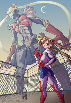 \n/ armor bird bishoujo_senshi_sailor_moon black_cat blonde_hair blue_armor blue_bodysuit blue_eyes bodysuit cat chain-link_fence crescent_moon crossover double_bun ear_piercing evangelion_(mecha) fence fusion green_eyes hair_bun hand_gesture hand_on_own_hip humanoid_robot kenzicorinne long_hair luna_(sailor_moon) mecha mecha_pilot_suit mechanization moon multicolored_bodysuit neon_genesis_evangelion one_eye_closed piercing plugsuit_(evangelion) red_armor red_bodysuit robot sailor_moon smirk tsukino_usagi twintails white_armor white_bodysuit