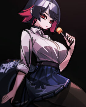 1girl black_choker black_hair blue_sleeves breasts brown_pantyhose candy choker collared_shirt colored_inner_hair ellen_joe ellen_joe_(on_campus) fins fish_tail food graffiti_(style) hand_up highres holding holding_candy holding_food holding_lollipop large_breasts lollipop long_sleeves looking_at_viewer makaroll multicolored_hair pantyhose parted_lips red_eyes red_hair shark_tail shirt shirt_tucked_in short_hair simple_background sitting sleeves_rolled_up solo swept_bangs tail thighband_pantyhose white_shirt zenless_zone_zero