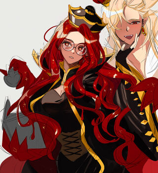 1boy 1girl alchemist_cookie alchemist_cookie_(guileful_queen) asymmetrical_bangs black-framed_eyewear black_dress black_gloves black_hat black_jacket blonde_hair book breasts brother_and_sister brown_corset cleavage_cutout clenched_teeth clothing_cutout commentary cookie_run cookie_run:_ovenbreak corset cowboy_shot cross-laced_clothes cross-laced_corset dress earrings fangs glasses gloves gold_trim grey_background hand_on_another's_chin hat humanization jacket jewelry large_breasts long_hair long_sleeves love_potion official_alternate_costume official_alternate_eye_color official_alternate_hair_color official_alternate_hair_length official_alternate_hairstyle parted_bangs pointy_ears ponong potion red_eyes red_hair round_eyewear siblings simple_background solo_focus sparkle symbol-only_commentary teeth upper_teeth_only vampire_cookie vampire_cookie_(insouciant_king) very_long_hair wavy_hair wide_sleeves yellow_pupils