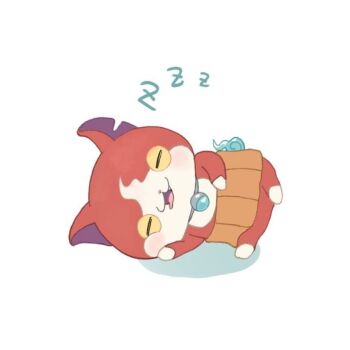 Rule 34 | blush, closed eyes, haramaki, hitodama, jibanyan, lying, monaka ice103, no humans, notched ear, on side, open mouth, red fur, simple background, sleeping, solo, white background, youkai (youkai watch), youkai watch, zzz
