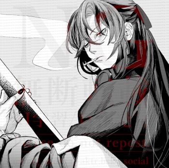 1boy actcat3 chinese_clothes cigarette closed_mouth coat dizi flute greyscale hair_between_eyes hair_down hair_ribbon half_updo hanfu headphones headphones_around_neck holding holding_flute holding_instrument instrument long_hair long_sleeves looking_at_viewer looking_back male_focus modao_zushi monochrome mouth_hold nail_polish off_shoulder official_alternate_costume official_alternate_hairstyle open_clothes open_coat ribbon robe sidelocks smoke smoking solo spot_color transverse_flute upper_body watermark watermark_grid wei_wuxian wei_wuxian_(yiling_laozu)