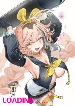 1girl ;d ahoge ariko_(aaaaarik) armpits arms_up azur_lane black_gloves black_shirt black_skirt black_sleeves blonde_hair braid breasts chibi choker cleavage commentary detached_sleeves english_commentary gloves hair_ribbon highres holding holding_torpedo large_breasts long_hair long_sleeves looking_at_viewer miniskirt multicolored_hair neckerchief one_eye_closed open_mouth purple_eyes ribbon shirt skirt sleeveless sleeveless_shirt smile solo star-shaped_pupils star_(symbol) streaked_hair striped_clothes striped_thighhighs symbol-shaped_pupils thighhighs torpedo twin_braids very_long_hair william_d._porter_(azur_lane) yellow_choker yellow_neckerchief zettai_ryouiki