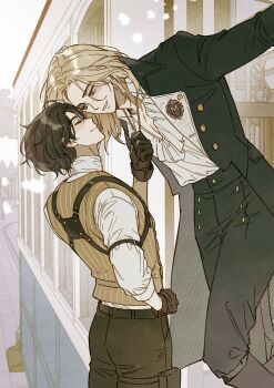 Rule 34 | 2boys, absurdres, alternate costume, androgynous, black gloves, black hair, black pants, blonde hair, blush, buttons, carlo (lies of p), commentary request, eye contact, gloves, guragamja, highres, jewelry, korean commentary, lies of p, looking at another, loose hair strand, male focus, multiple boys, necklace, pants, pectoral cleavage, pectorals, pulling another's necklace, romeo (lies of p), short hair, smile, standing, yaoi