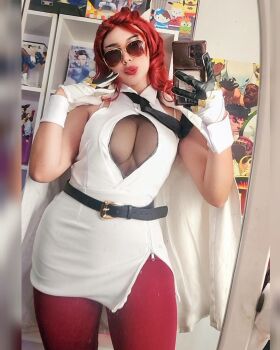 1girl breasts capcom cellphone coat coat_on_shoulders cosplay cosplay_photo crimson_viper crimson_viper_(cosplay) female_focus gloves hair_slicked_back highres holding holding_phone indoors large_breasts lips missyle_fg phone photo_(medium) real_life red_hair selfie side_slit smartphone solo street_fighter street_fighter_6 tinted_eyewear white_coat