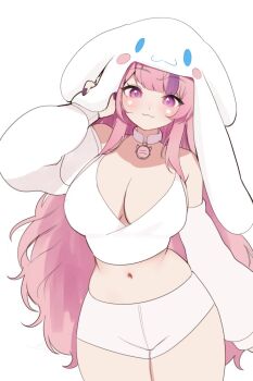 1girl :3 alternate_breast_size animal_hat bare_shoulders breasts choker cinnamoroll cleavage closed_mouth cowboy_shot crop_top detached_sleeves hand_up hat highres ironmouse large_breasts long_hair long_sleeves looking_at_viewer midriff navel pink_eyes pink_hair puffy_long_sleeves puffy_sleeves sanrio shirt short_shorts shorts simple_background sky_above_me sleeveless sleeveless_shirt smile solo stomach unfinished very_long_hair virtual_youtuber vshojo white_background white_choker white_shirt white_shorts
