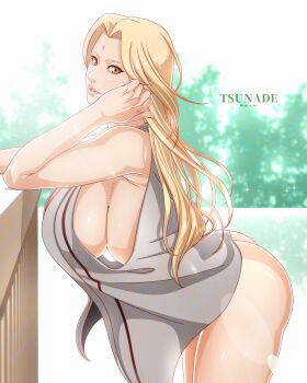 1girl absurdres blonde_hair breasts commentary_request facial_mark forehead_mark grandma grey_kimono highres huge_breasts japanese_clothes kimono large_breasts mature_female naruto_(series) old old_woman saburo_des solo tsunade_(naruto)