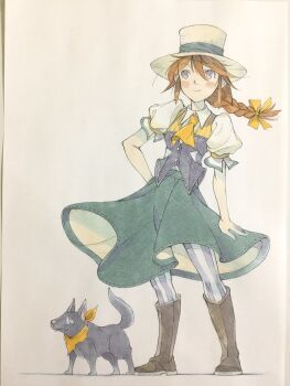 1girl animal ascot bandana bandana_around_neck black_eyes boater_hat bodice boots bow braid brown_boots brown_hair clothed_animal collared_shirt commentary dog dorothy_gale full_body green_skirt grey_thighhighs hair_between_eyes hair_bow hand_on_own_hip hat highres medium_hair orange_ascot orange_bandana orange_bow peter_salt puffy_short_sleeves puffy_sleeves shirt short_sleeves single_braid skirt standing striped_clothes striped_thighhighs sweater_vest the_wizard_of_oz thighhighs toto_(the_wizard_of_oz) traditional_media vertical-striped_clothes vertical-striped_thighhighs white_hat white_shirt yellow_sweater_vest