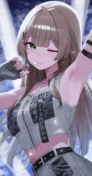 1girl absurdres arm_strap arm_up armpits bare_shoulders belt black_nails blurry bokeh breast_pocket brown_hair closed_mouth commentary crop_top depth_of_field green_eyes hand_up highres jewelry long_hair looking_at_viewer midriff nail_polish necklace one_eye_closed pocket sei_(0724sei6) shirt skirt sleeveless sleeveless_shirt smile solo stage_lights upper_body viichan virtual_youtuber waktaverse white_shirt white_skirt