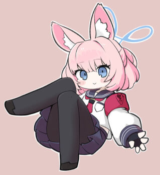 1girl animal_ear_fluff animal_ears armband black_gloves black_pantyhose black_shoes blue_archive blue_eyes blue_sailor_collar blue_skirt blush_stickers brown_background chibi closed_mouth convenient_leg fingerless_gloves fox_ears full_body gloves halo knees_together_feet_apart long_sleeves looking_at_viewer miranofuudoria niko_(blue_archive) pantyhose pink_hair pleated_skirt puffy_long_sleeves puffy_sleeves sailor_collar school_uniform serafuku shirt shoes simple_background skirt smile solo white_shirt