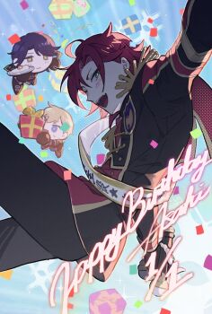 3boys :d black_jacket black_pants blonde_hair blue_eyes blue_hair box closed_mouth commentary_request confetti epaulettes floating from_side gift gift_box green_eyes happy_birthday highres idol_clothes idol_time_pripara jacket long_sleeves looking_at_viewer male_focus matsugoro midair mini_person miniboy mitaka_asahi multiple_boys open_mouth pants pretty_series pripara red_hair sash short_hair shoulder_sash sky smile takase_koyoi yumekawa_shogo