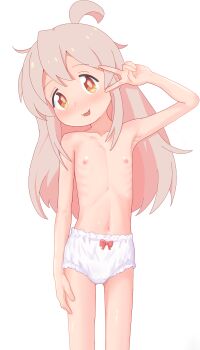1girl absurdres ahoge antenna_hair arm_at_side arm_up averting_eyes blush bow bow_panties collarbone dot_nose emaciated embarrassed feet_out_of_frame female_focus flat_chest genderswap genderswap_(mtf) head_tilt highres loli long_hair looking_at_viewer navel nervous_smile nipples nose_blush onii-chan_wa_oshimai! open_mouth orange_eyes oyama_mahiro panties pepzi pink_hair red_bow ribs sidelocks simple_background smile solo standing topless_female underwear underwear_only v v_over_eye variant_set white_background white_panties