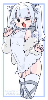 1boy arched_back armpit_crease bare_shoulders black_eyes blunt_bangs bow bra bulge choker claw_pose collarbone commentary covered_navel cowboy_shot crossdressing crossdressing_(mtf) dress ear_piercing eve_(op_na_yarou) fangs fur-trimmed_jacket fur_trim garter_straps grey_bow grey_bra grey_choker grey_nails grey_thighhighs hair_intakes hair_tie hands_up highleg highleg_panties highres jacket long_sleeves male_focus medium_hair microdress mole mole_under_eye multicolored_thighhighs nail_polish no_nose notched_ear off_shoulder op_na_yarou open_clothes open_jacket open_mouth original panties piercing see-through_clothes see-through_dress sidelocks simple_background sleeveless sleeveless_dress solo standing thighhighs thighs trap two-tone_thighhighs two_side_up underwear v-shaped_eyebrows watermark white_background white_dress white_hair white_jacket white_thighhighs