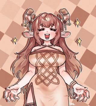 1girl 2025 :d animal_ear_fluff animal_ears artist_name bare_shoulders bracelet breasts brown_background brown_dress brown_nails checkered_background cleavage closed_eyes commentary criss-cross_halter dalsegno diana_(trickcal) dress faun female_focus gradient_background halterneck happy highres horns jewelry korean_commentary large_breasts light_blush long_hair monster_girl open_hand open_mouth patterned_background sidelocks signature smile solo sparkle standing straight-on teeth thighhighs trickcal wavy_hair