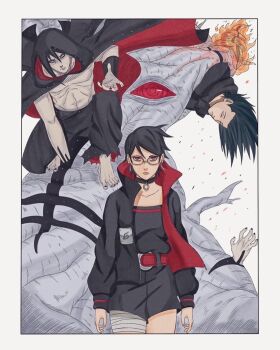 1girl 2boys amputee balcony bandaged_arm bandages barefoot black_choker black_hair black_jacket black_nails black_romper boruto:_two_blue_vortex brentonsart choker cloak closed_eyes commentary earrings english_commentary frown glasses hidari_(naruto) hood hooded_cloak jacket jewelry konohagakure_symbol mangekyou_sharingan multiple_boys naruto_(series) pale_skin red_eyes rinnegan romper serious sharingan short_hair squatting strapless_romper uchiha_sarada uchiha_sasuke