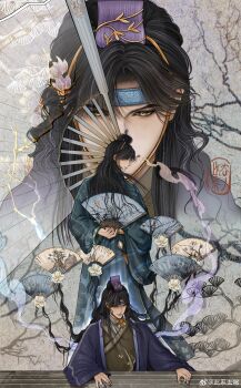 absurdres china chinese_clothes chinese_text cixiqupie flower folded_fan folding_fan hand_fan headband highres long_hair long_sleeves love_and_deepspace zayne_(love_and_deepspace)