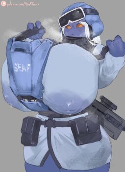 1girl absurdres armor belt blue_skin breasts bursting_breasts colored_skin copyright_request covered_erect_nipples duffmox fewer_digits helldivers_(series) helmet highres huge_breasts inverted_nipples looking_at_viewer orange_eyes sweat t'au undressing warhammer_40k white_hair