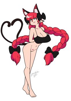 1girl :3 alternate_costume animal_ear_fluff animal_ears arms_behind_back barefoot black_bow black_tank_top blunt_bangs bottomless bow braid breasts cat_ears cat_tail cleavage cleft_of_venus closed_mouth commentary commentary_request english_commentary extra_ears female_pubic_hair full_body hair_bow heart heart_tattoo highres kaenbyou_rin large_breasts long_hair looking_at_viewer multiple_tails navel pointy_ears pubic_hair pussy red_eyes red_hair side_braids simple_background solo tail tank_top tattoo touhou twin_braids two_tails very_long_hair white_background zedrin