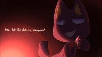 1boy animal_ears animal_hands black_fur bow bowtie cat_ears cat_tail chibikemo commentary doko_demo_issyo english_commentary english_text furry furry_male highres jitome kuro_(doko_demo_issyo) looking_at_viewer male_focus open_mouth pawpads red_bow red_bowtie red_light solo tail upper_body wolfaroon