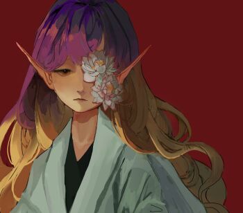 1girl alternate_costume black_shirt blonde_hair brown_eyes closed_mouth expressionless flower flower_in_eye gradient_hair green_kimono hashtag-only_commentary hatsburg hijiri_byakuren japanese_clothes kimono light_frown lips long_hair long_sleeves lotus multicolored_hair pointy_ears purple_hair realistic red_background shirt simple_background solo symbol_in_eye touhou two-tone_hair upper_body very_long_hair wavy_hair white_flower